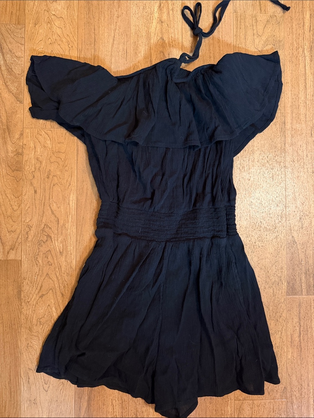 aerie Black Off-The-Shoulder Smocked Romper